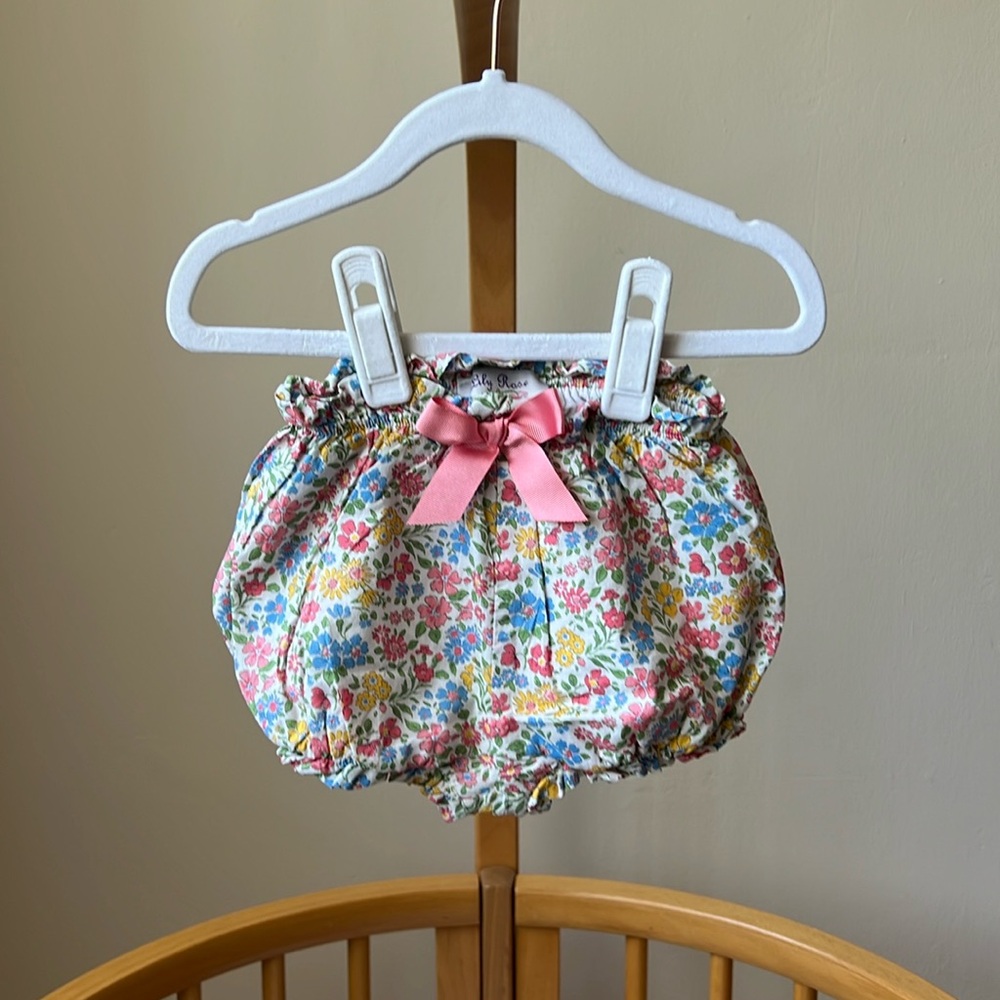 Trotters London Liberty fabric bloomers/shorts with pink bow, size 24m